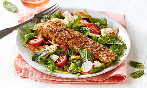 Easy dukkah-crusted salmon with broad bean salad